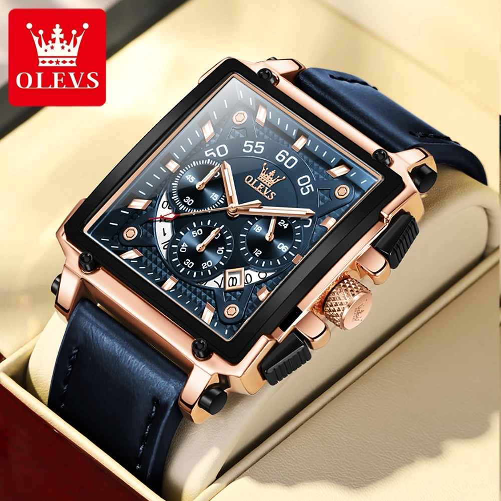 

OLEVS Luxury Brand Men's Watches Square Large Dial Waterproof Quartz Watch Male Chronograph Calendar Leather Strap Original