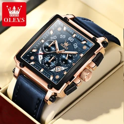 OLEVS Luxury Brand Men's Watches Square Large Dial Waterproof Quartz Watch Male Chronograph Calendar Leather Strap Original