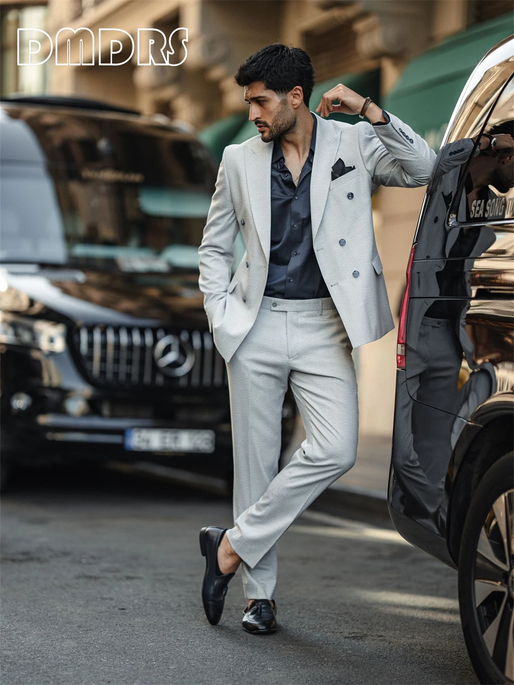 Double Breasted Light Grey Suit for Men, 2 Pieces Plus Size Men's Wedding Suits for Groom, Peak Lapel Formal Tuxedo