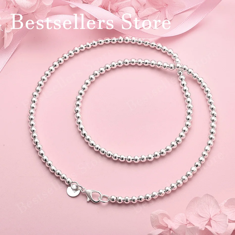 925 Sterling Silver 4mm 16-30 inch Delicate Bright Round Bead Necklace for Women, Fashionable Party and Wedding Accessories
