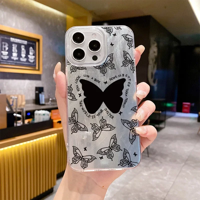 

New Luxury INS Butterfly Print Camlet Pattern Laser Hard Phone Case For iPhone 16 15 14 13 12 11 Pro Max Plus Shockproof Cover