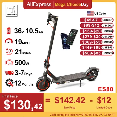 AOVOPRO ES80 350W Electric Scooter 10.5Ah 19mph Max Speed Smart APP Control 21miles Max Range Foldable E-Scooter for Adult