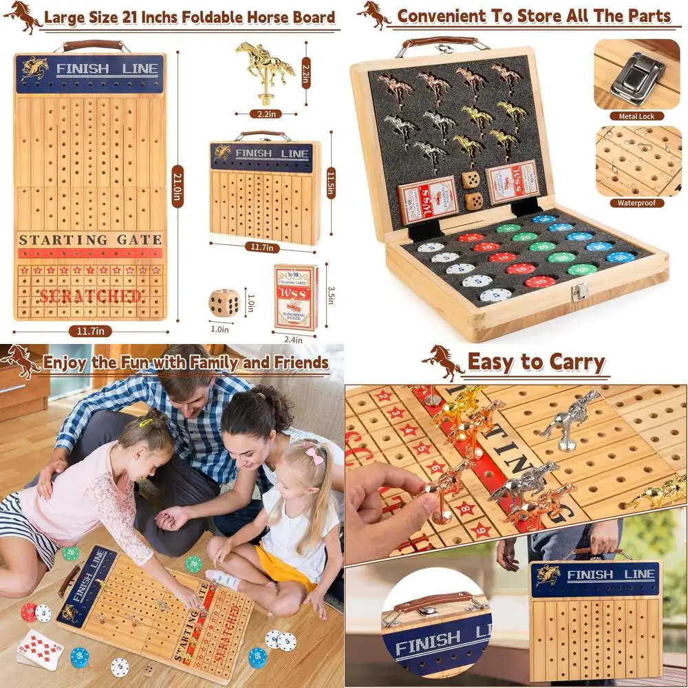 

Folding Wooden Horse Race Game, 21 with 11 Metal Horses, 2 Dice, 2 Card Sets, 80 Chips