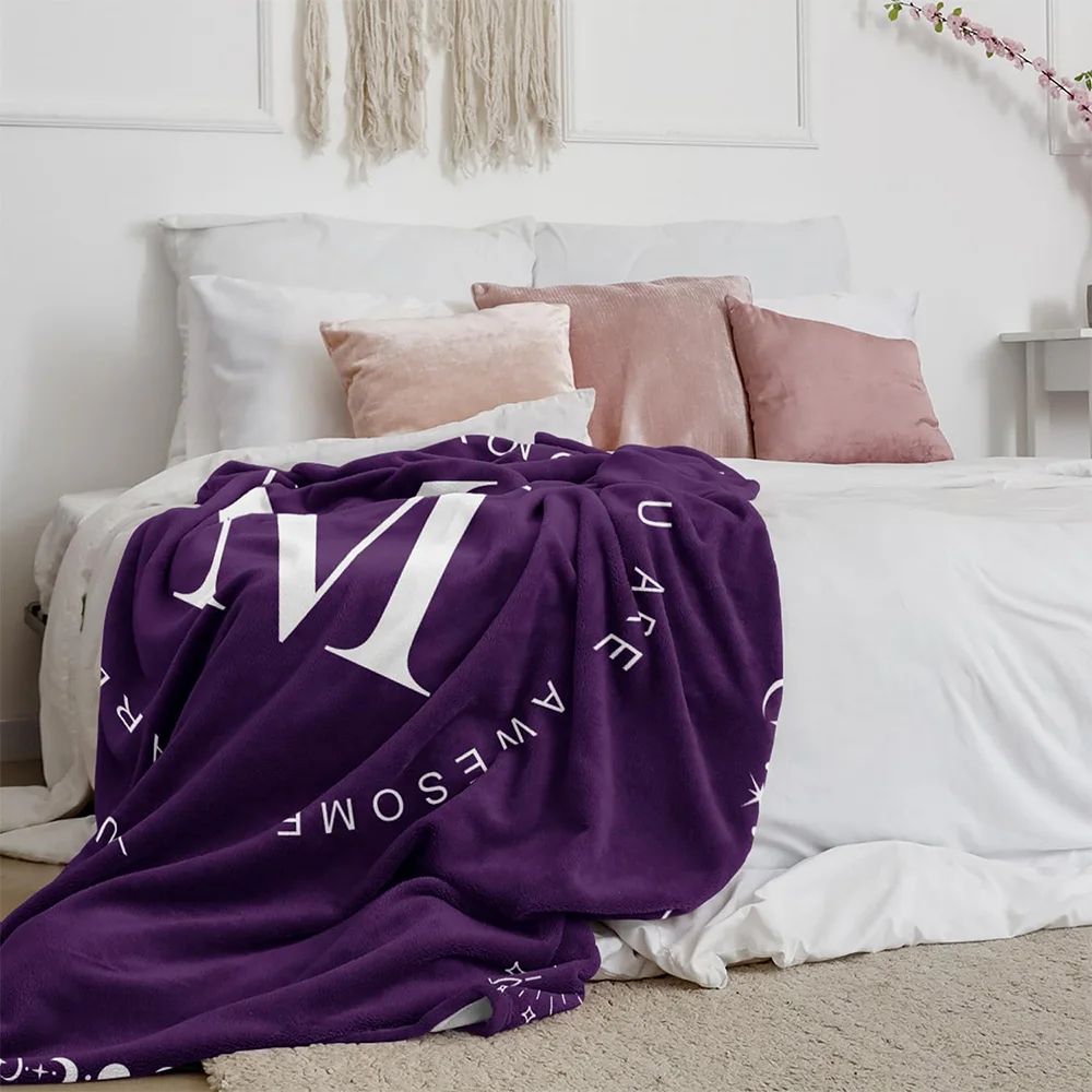 Personalized Name Initial Mysterious Magic Purple Blanket Soft Warm Sweet Gift For Family Parents Kids Boyfriend Girl Friend