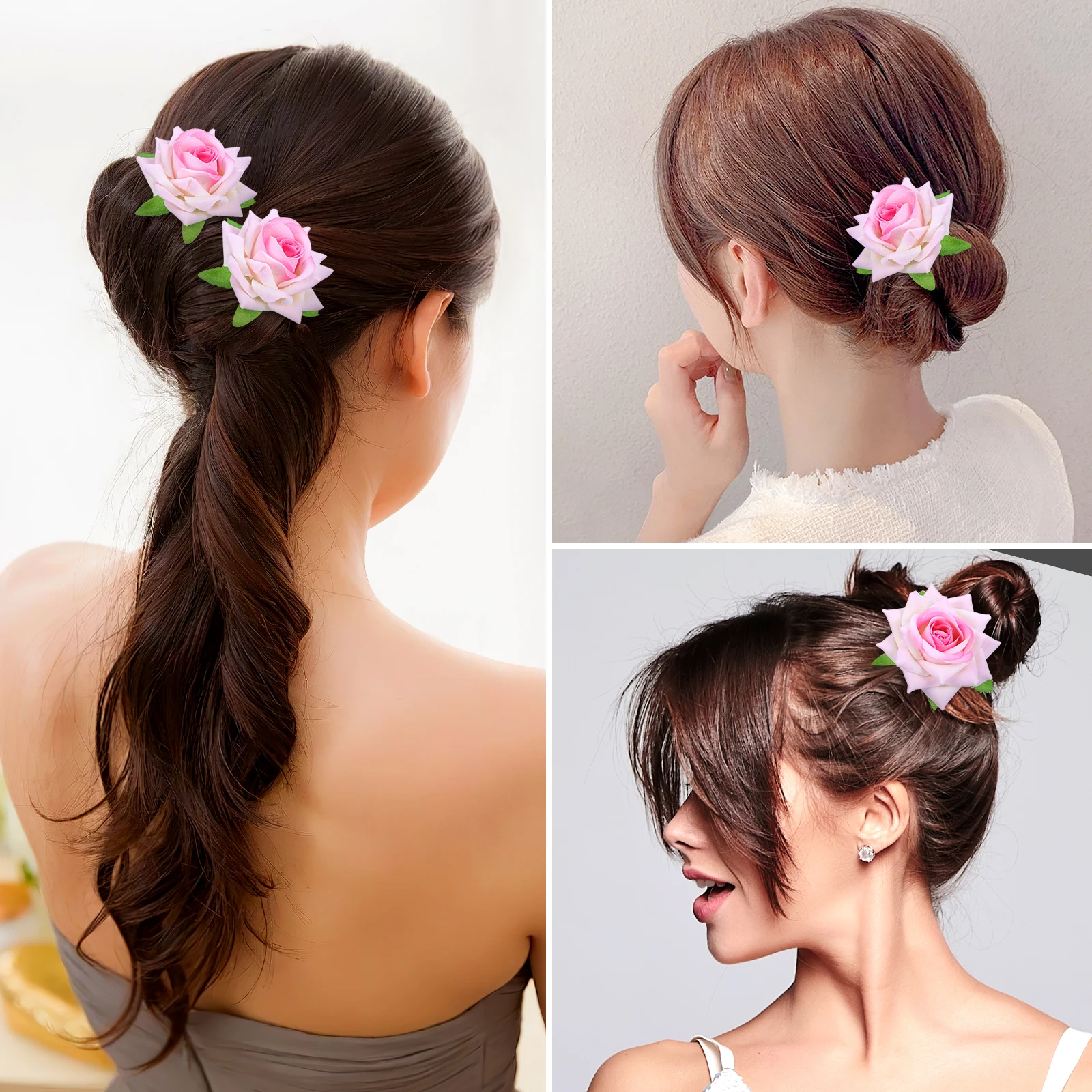 

6pcs Simulated Rose Accessories Pink Fabric U-shaped Clips Bridal Wedding Hair Forks Women Hair Chignon Sticks