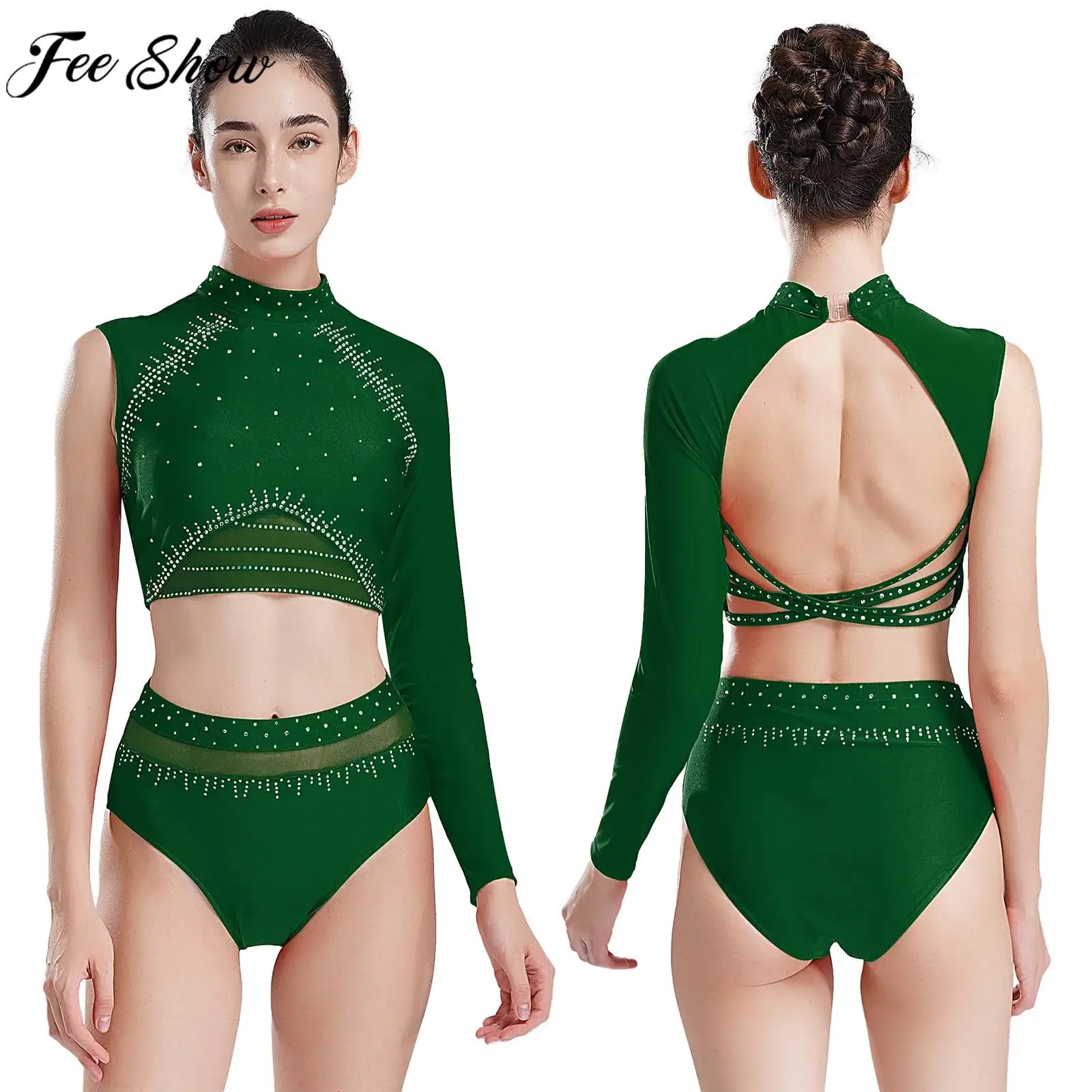 Women Figure Ice Skating Ballet Dance Gymnastics Acrobatics Outfit Shiny Rhinestones Sheer Mesh Crop Top with Briefs Dancewear