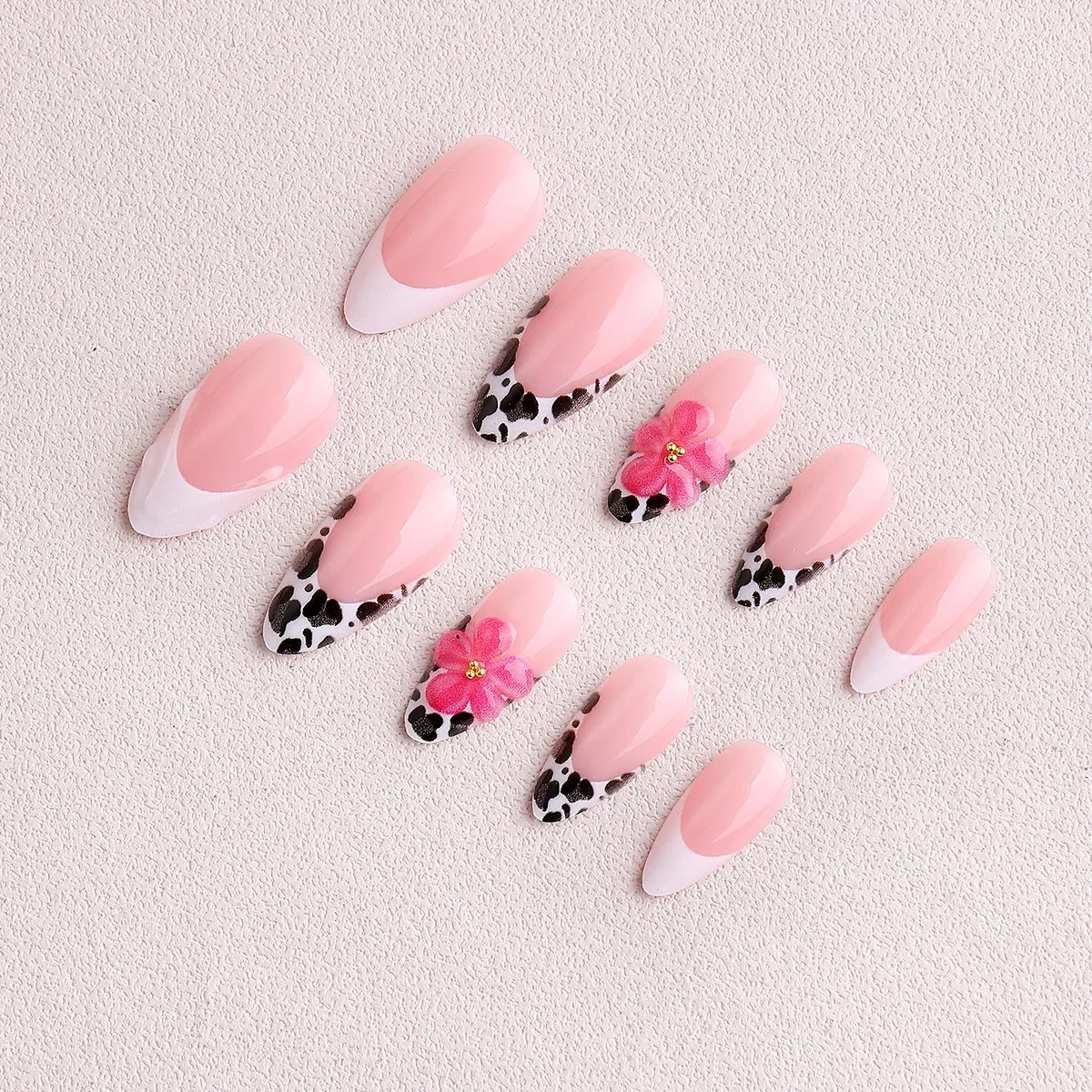 

24PCS 3D Pink Flowers False Nails Nude Leopard French Tips Fake Nails Almond Shape Press on Acrylic Nails Sweet Spicy Wearable
