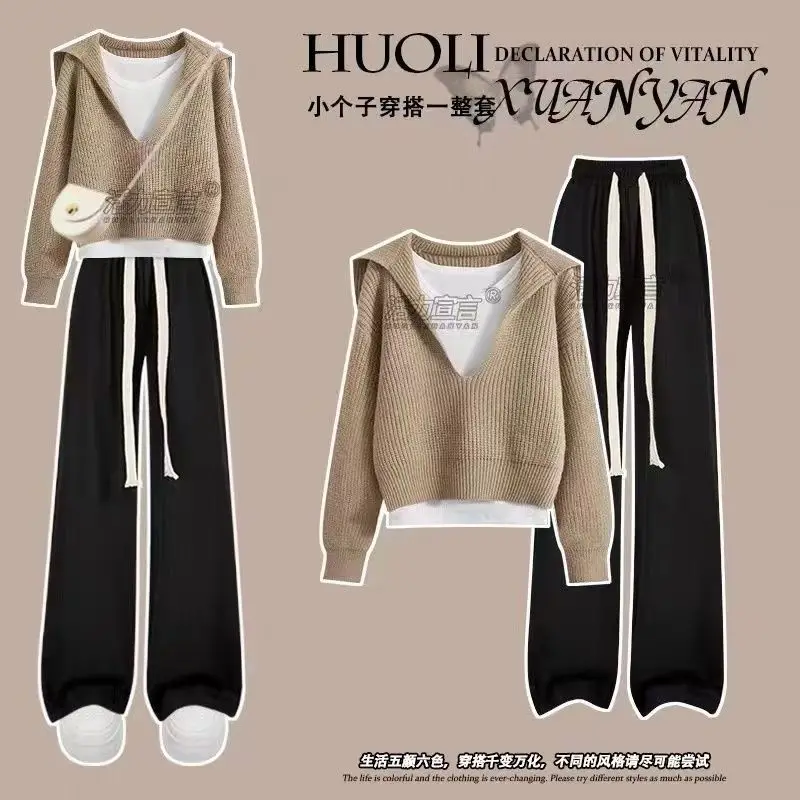 Autumn women's set of Korean college style knitted sweater+vest+casual wide leg work pants three piece set