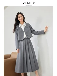 Vimly Women's Elegant Blazer Skirts Suits 2024 Spring Office Gray 2 Pieces Matching Sets V-neck Blazer Pleated Maxi Skirt M5356