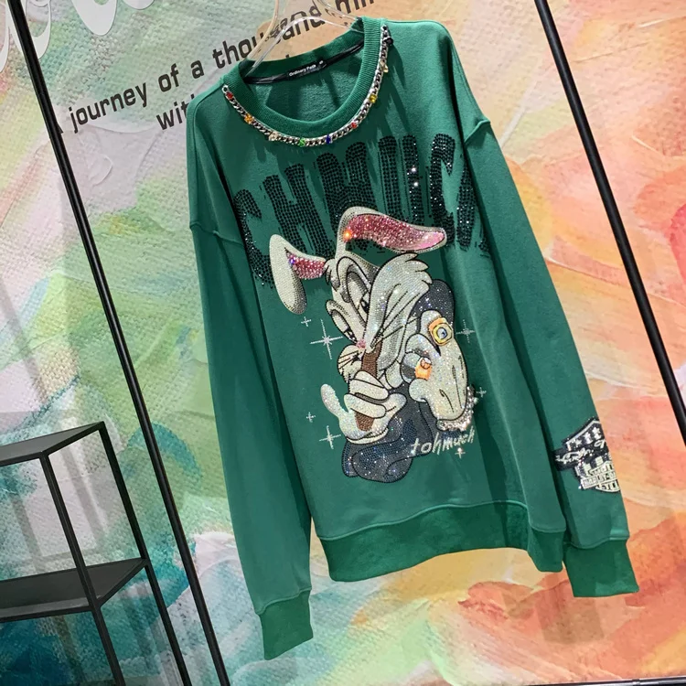 

Colour Diamond Necklace O-neck Pullovers Top Men Women Green Hoodies Hot Drilling Cartoon Streetwear Long Sleeve Sweatshirt