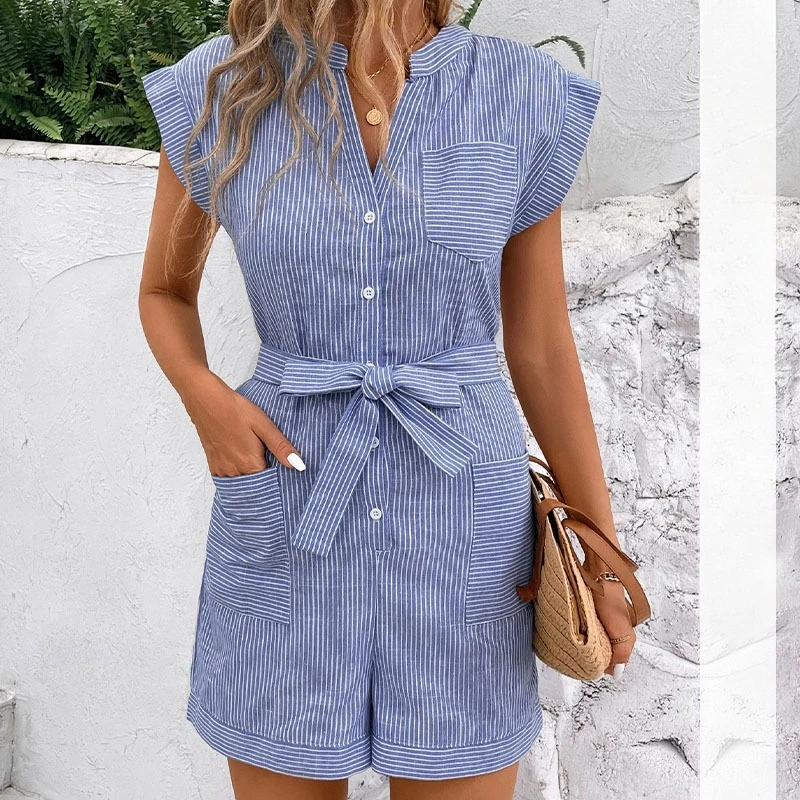 

2025 Summer Leisure Commuter One-piece Shorts Pinstriped Short-sleeved Women's One-piece Shorts