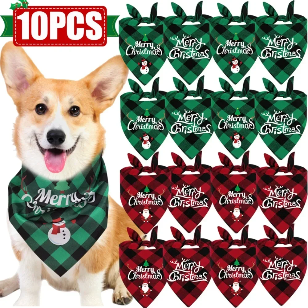 10/1PCS Christmas Pet Triangle Scarf for Dog Cat Red Green Grid Dog Bandana Dog Drool Bib Pet Grooming Accessories Pet Supplies