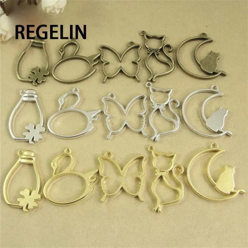 5 pcs Cat moon shape Metal Frame Pendant Gold Charm Bezel Setting Cabochon Setting UV Resin Epoxy Resin Charm Jewelry Findings B