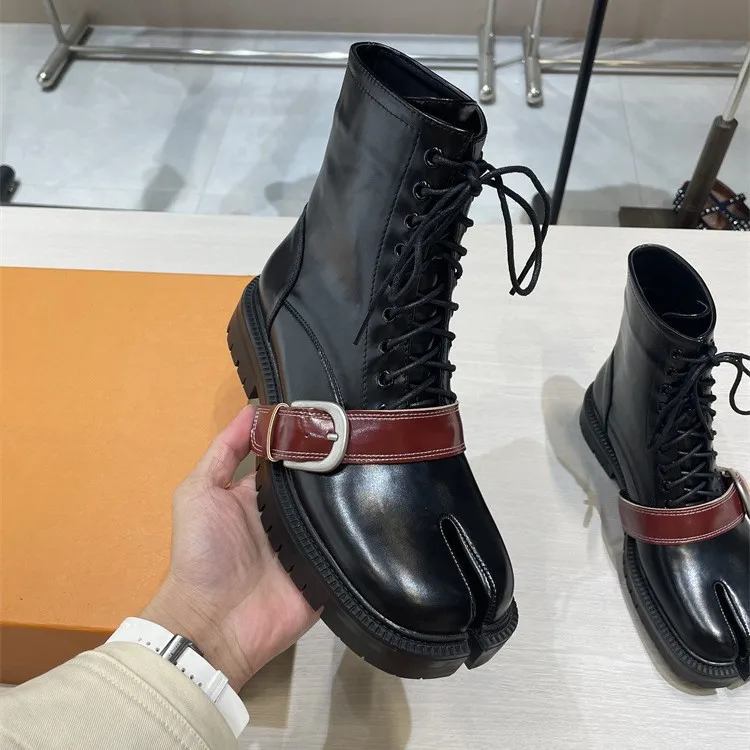 

Черные ботильоны унисекс из воловьей кожи на шнуровке, мужские модные ботинки в британском стиле с пряжкой и ремешком, разделенный носок, массивная подошва