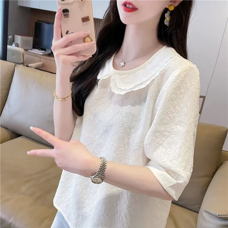 DAYIFUN-New Tshirts Women's,Sweet,Unique Versatile Bubble Sleeve Tops,Tees 2024 Summer,Korean Doll Neck,Short Sleeve T-shirts