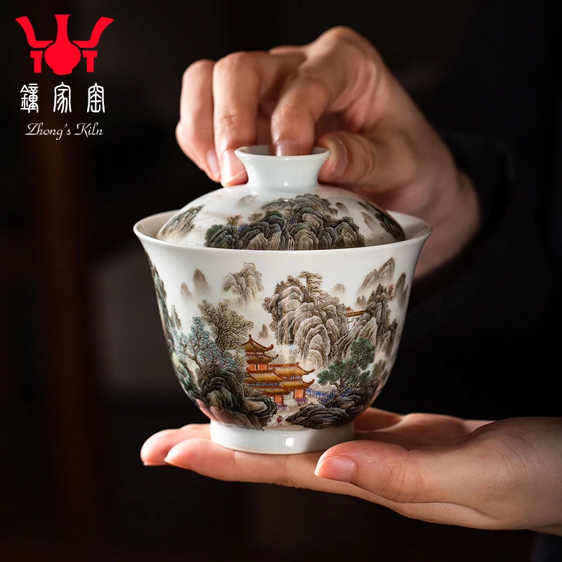 Zhongjia Kiln Enamel Colorful Landscape Cover 200ml Large Jingdezhen Ceramic Kung Fu Set Main Soaker Tea Bowl