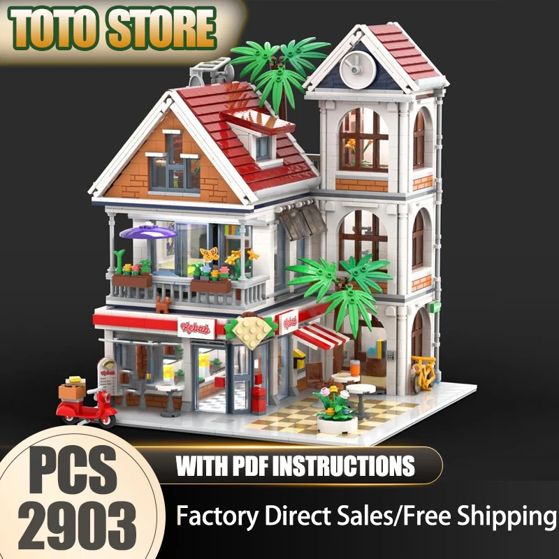 

Moc Building Bricks Townhouse with Kebab Store Model Technology Modular City Street Block Toy DIY Assembly Christmas Set Gifts