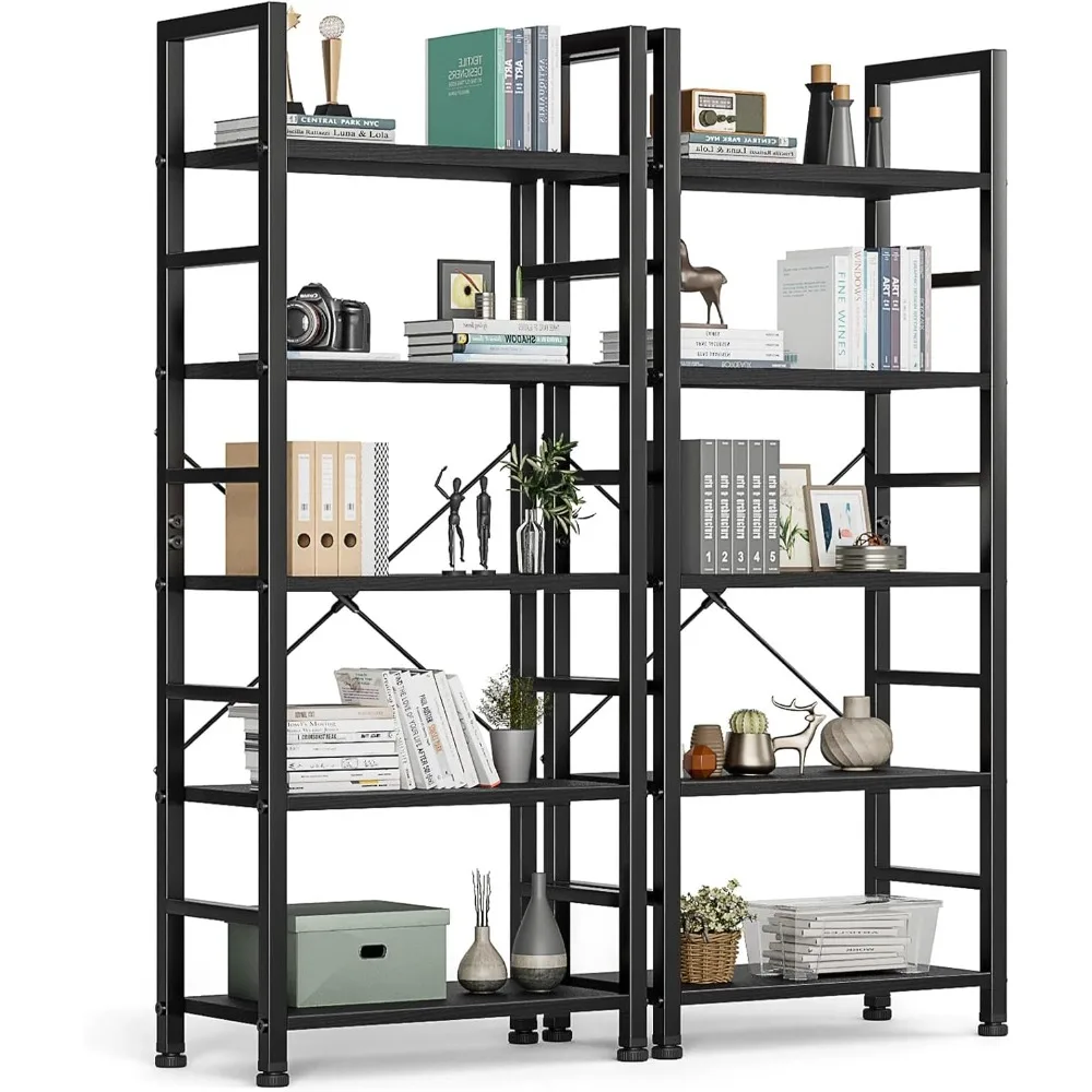

5 Tier Book Shelf Tall Modern Bookcase Set of 2 for Books, CDs, Movies, Storage and Organization Bookshelf Industrial Home Deco
