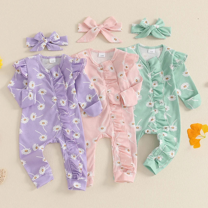 

Baby Clothing Girl Waffle Romper Floral Print Long Sleeve Ruffled Zipper Full Length Jumpsuit with Headband Newborn Clothes