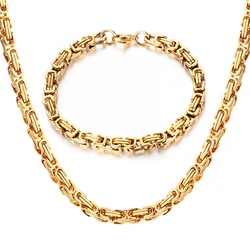 Gold Color Stainless Steel 4mm Byzantine Link Chain Bracelets Necklace For Women Men Fashion Party Wedding Jewelry Sets Gifts