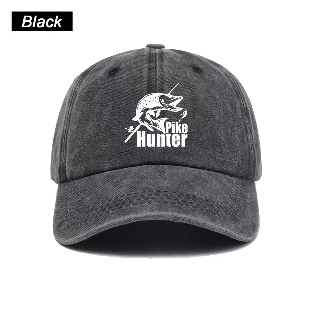 Vintage Washed Baseball Cap Pike Hunter Fisherman Fishing Print Graphic Unisex Streetwear Casual Trucker Style Summer Cotton Hat