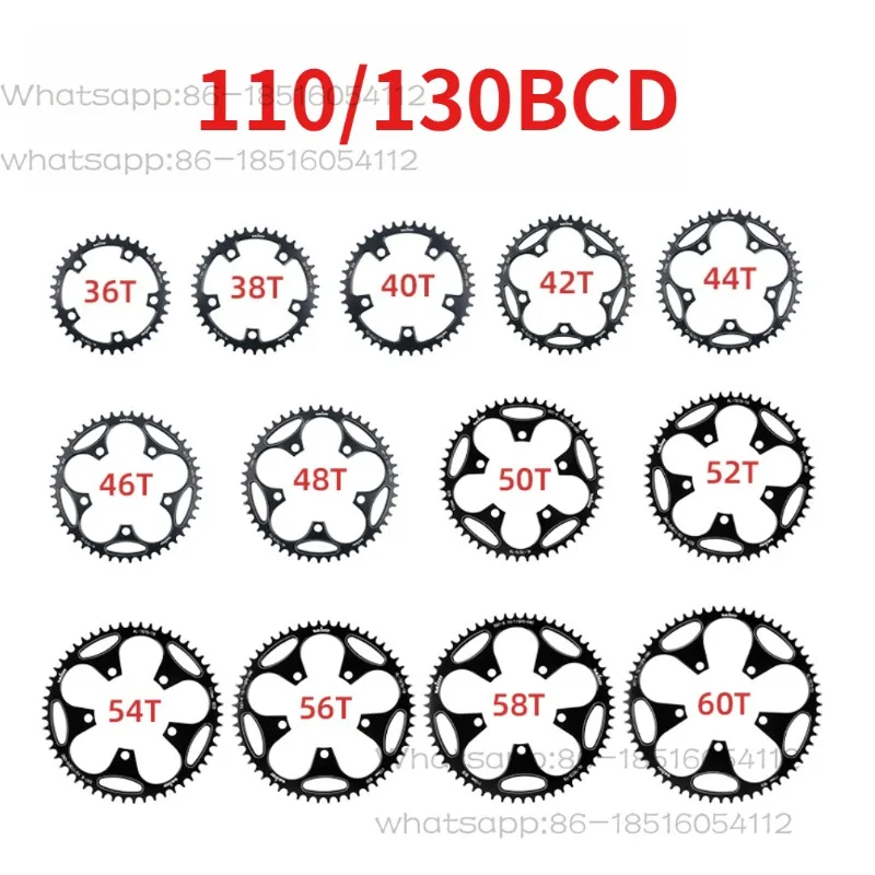 Road Bike Chainring 5-Bolt 110/130 BCD 36T/38T/40T/42T/44T/46T/48/50T/52T/54T/56T/58T/60T Narrow-Wide, for 1X Conversion