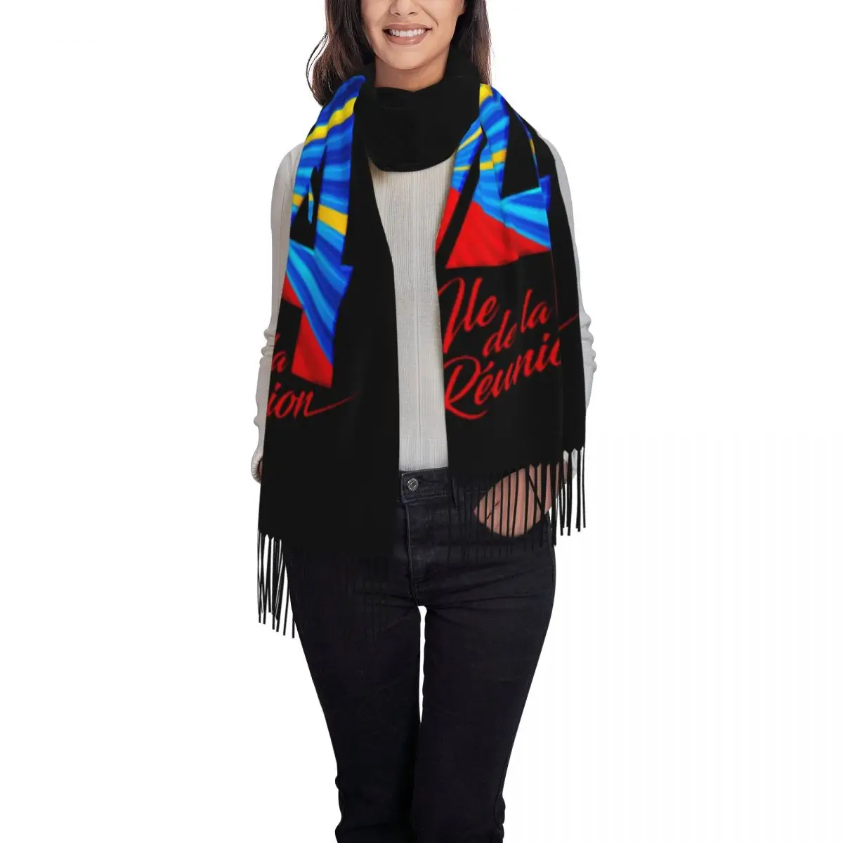 Custom 974 Reunion Island Logo Scarf Wrap Women Long Winter Fall Warm Tassel Shawl Unisex Reunionese Proud Scarves