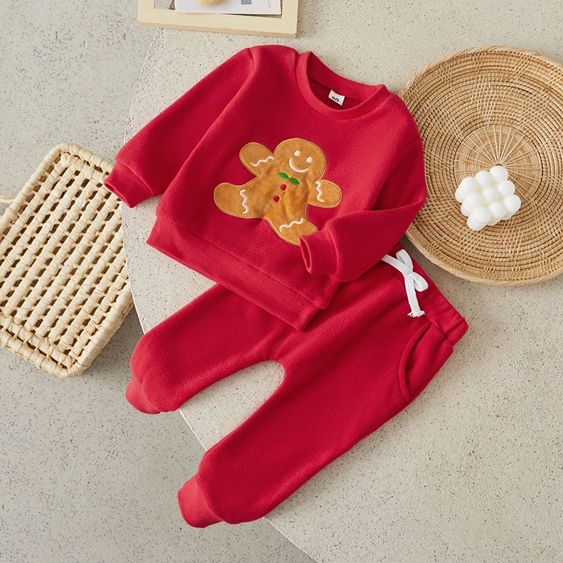 Suefunskry Baby Boy Girl Christmas Outfit, Cartoon Biscuit Man Embroidery Long Sleeves Sweatshirt Elastic Waist Pants