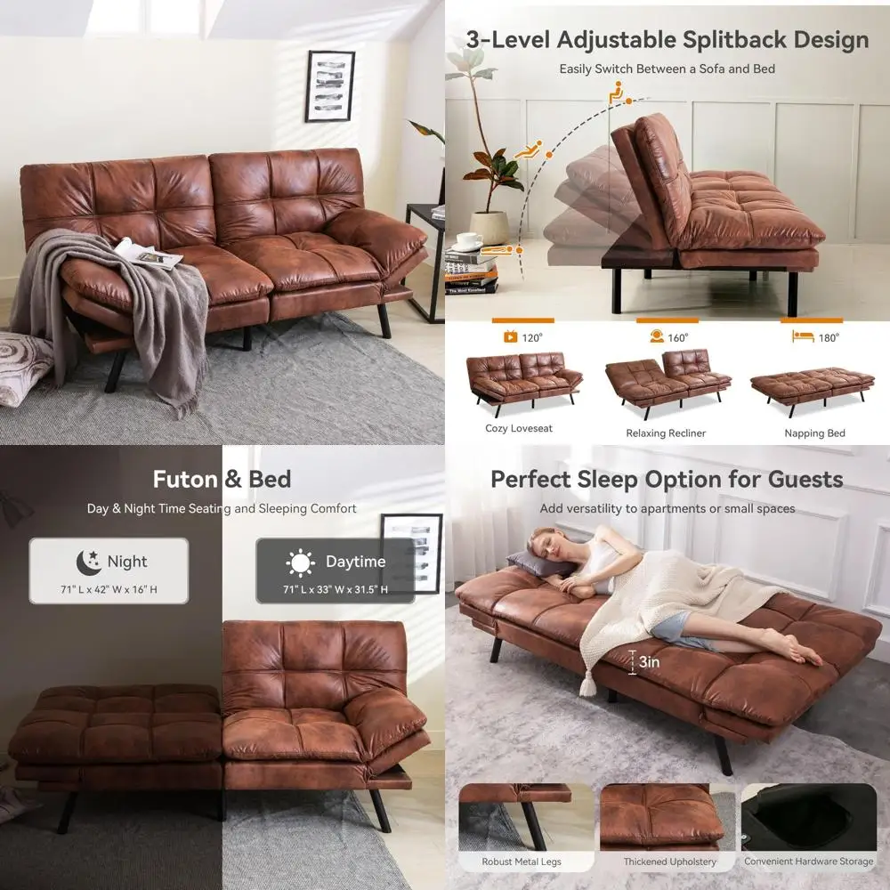 أريكة سرير فوتون حديثة من الجلد الصناعي الفاخر مع مسند ظهر ومسند للذراع قابل للتعديل، نائمة مدمجة بمقعدين #1