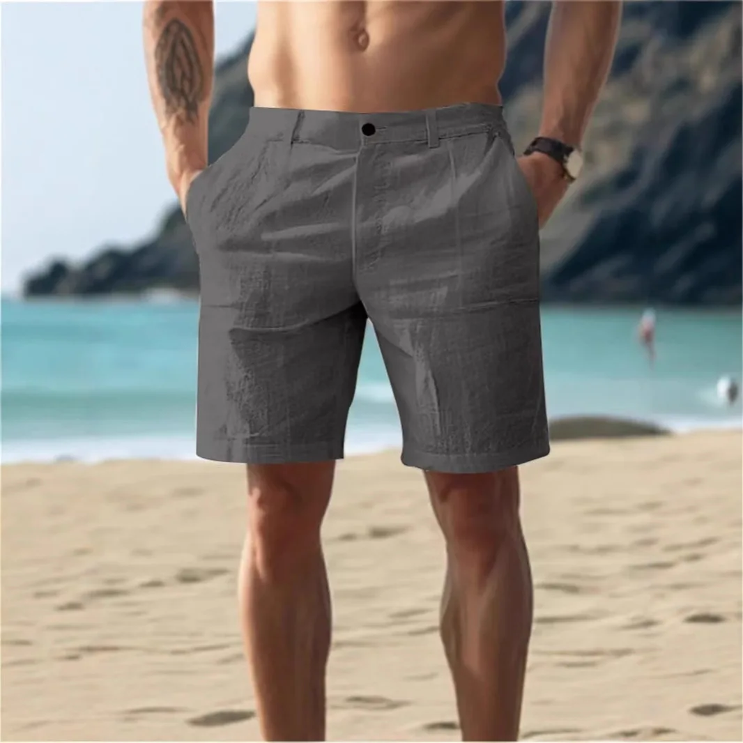 2026 Herren Einfarbige Leinen-Strandshorts Atmungsaktive Gerade Kurze Hosen Hawaiianische Urlaubs-Loose-Fit Freizeithosen
