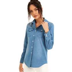 Streetwear Light Blue Cotton Thin Basic Shirts Jeans Woman 2024 Spring Long Sleeve Denim Blouses Ladies Tops Clothes