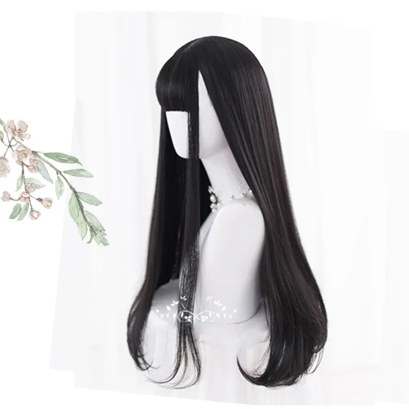 Parrucca sintetica nera lunga e dritta per donna con frangia parrucche Lolita Cosplay nere capelli naturali resistenti al calore