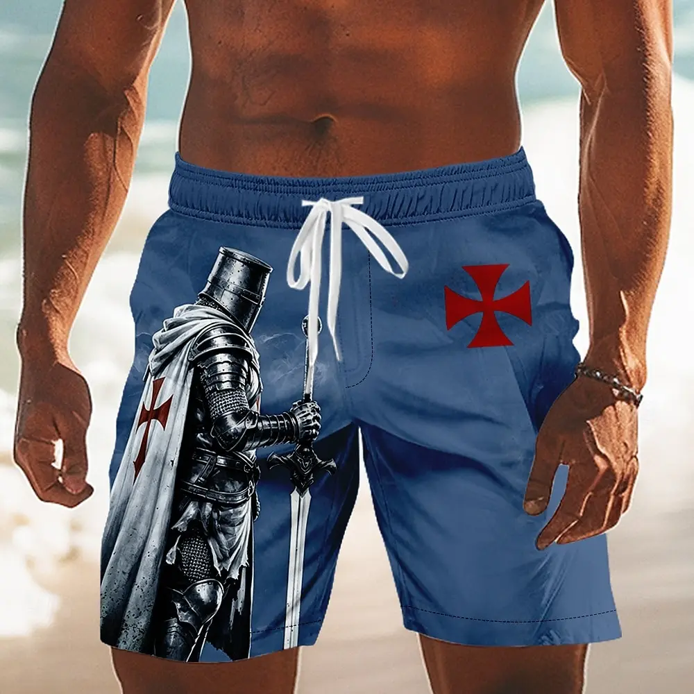 Men's Templar Cross Religious Pattern Casual Shorts Mid Waist Retro Daily Outdoor Drawstring Side Pockets for Summer