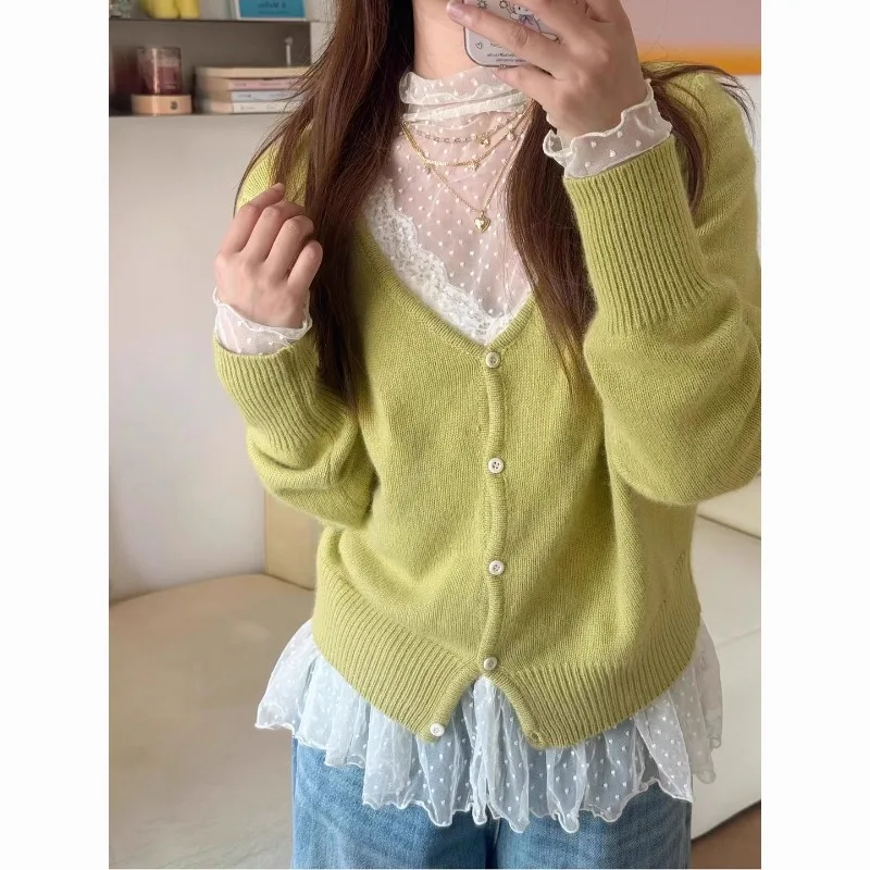 Women Korean Mock Neck Polka Dot Sheer Mesh Blouse Autumn Ruffled Hem Long Sleeve Layering Inner Top for Dress Sweater Matching