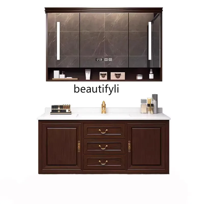 

New Chinese Style Bathroom Cabinet Combination Wall Cupboard Solid Wood Washbasin Bathroom Wash Basin Ceramic Whole Washbin