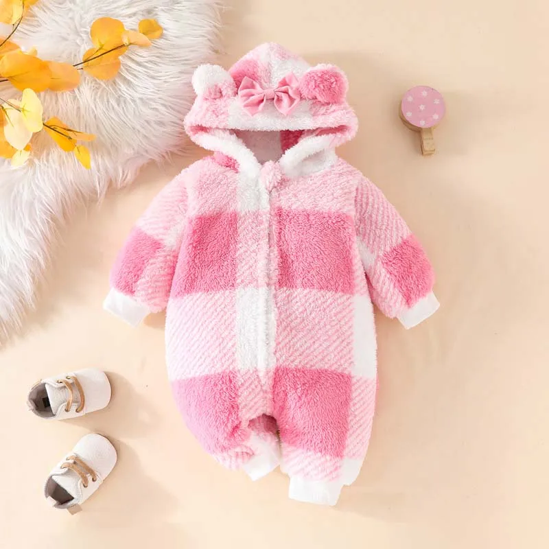 

Winter Baby Clothing Newborn Baby Girls Hooded Onesie Long Sleeve Plush Crawling Suit Pink sweetness Bodysuits Infant 0-18Months