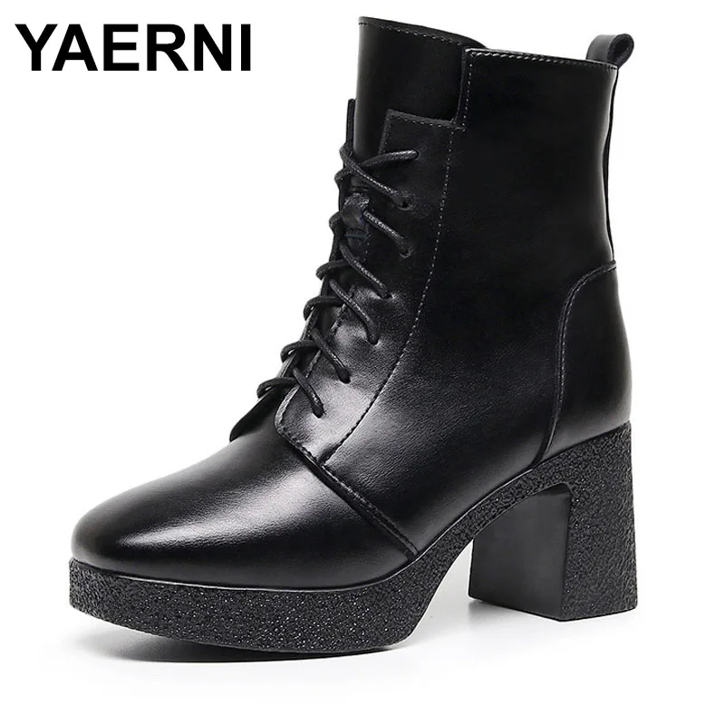 

7.5cm British Style Block Heels Ankle Boots Platform Shoes Fall Winter Women's Soft Leather Warm Fur Motorcycle Boots