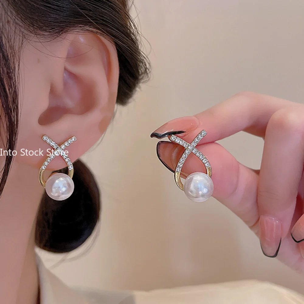 Korean Fashion Gold Color Pearl Stud Earrings for Women White Cubic Zirconia Cross Wedding Jewelry Gifts