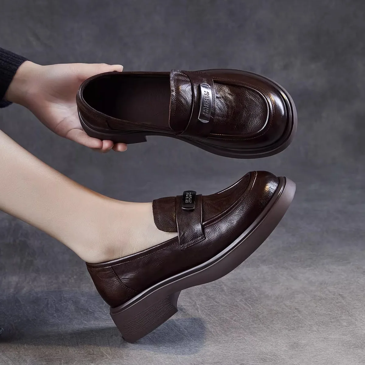 

Genuine Leather Slip-On Loafers Soft Bottom British Style Women's Fashion Single Shoes Comfortable Casual round Toe Flats