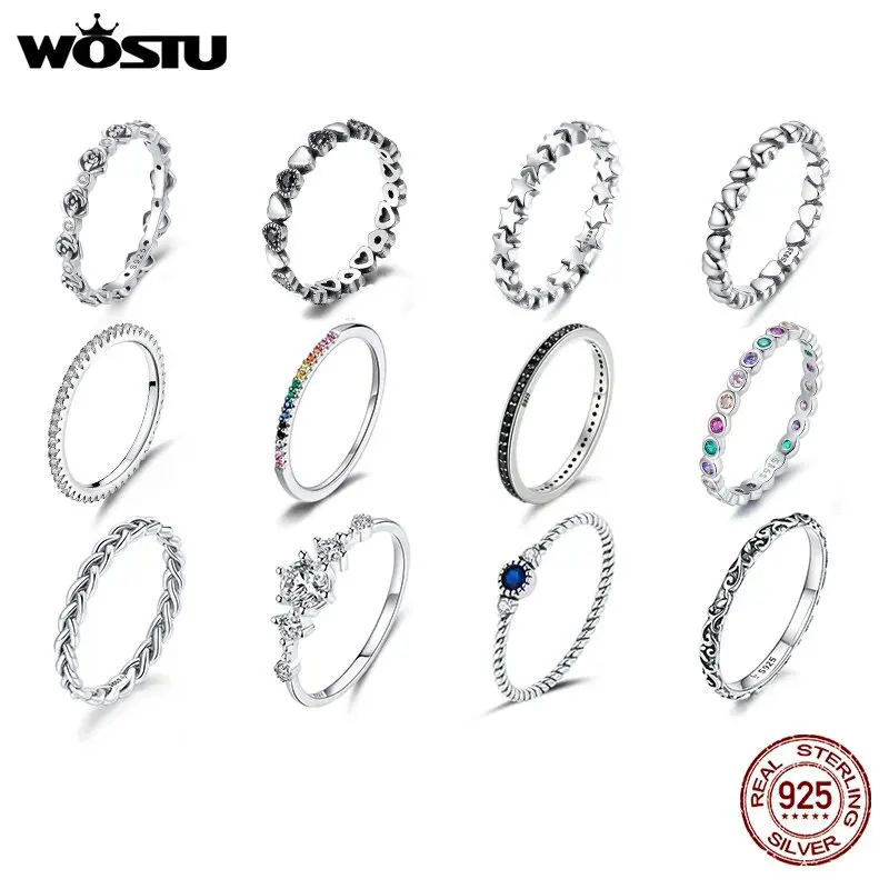 WOSTU European 925 Sterling Silver Simple Rings For Women Wedding Engagement Heart Rings With Zircon Original Female Jewelry