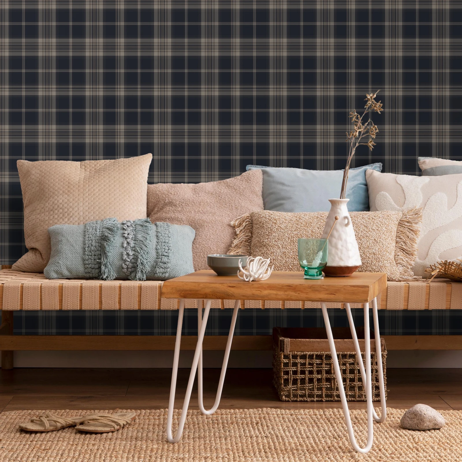 Tradycyjna tapeta ścienna w kratę, ciemnoniebieska tapeta w kratę z beżowymi akcentami, samoprzylepna tapeta ścienna do łazienki, 50 cm * 300 cm
