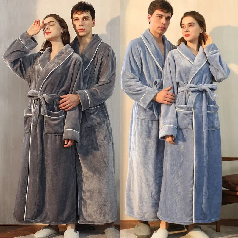 

New Winter Autumn Bathrobe Gown Warm Flannel Sleepwear Women Kimono Robe Long Nightgown with Pocket Men Shower Robe Home Clothes