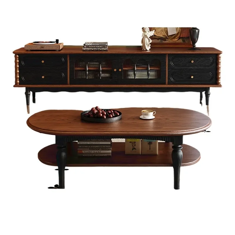 French Retro Solid Wood TV Cabinet Black American Style Living Room Coffee Table and TV Stand Combo Floor Storage Locker
