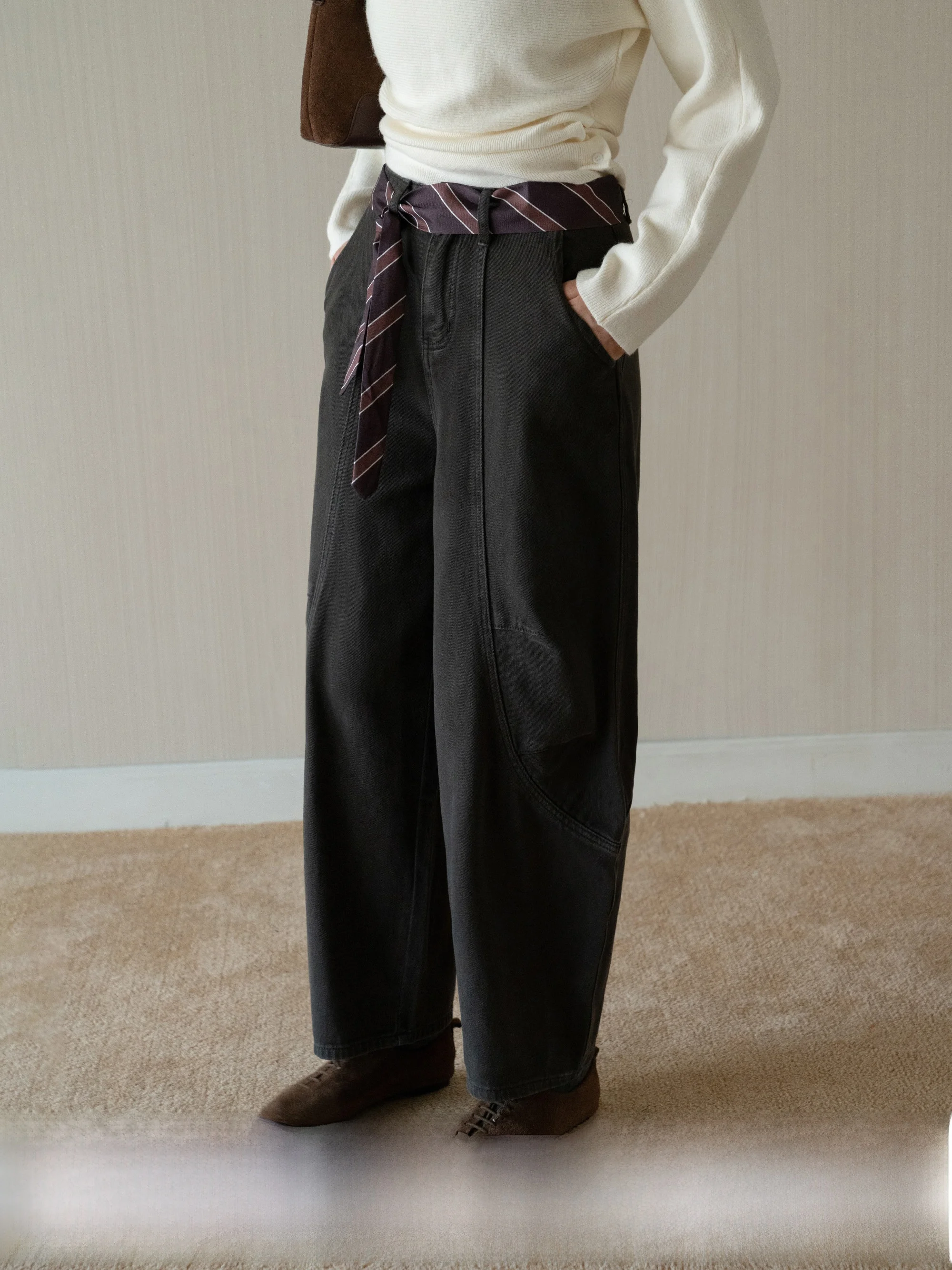 

High Waist Casual Loose Cotton Jeans Knife American High Street Sle EGGKA Women's Premium Denim Straight Leg Pants