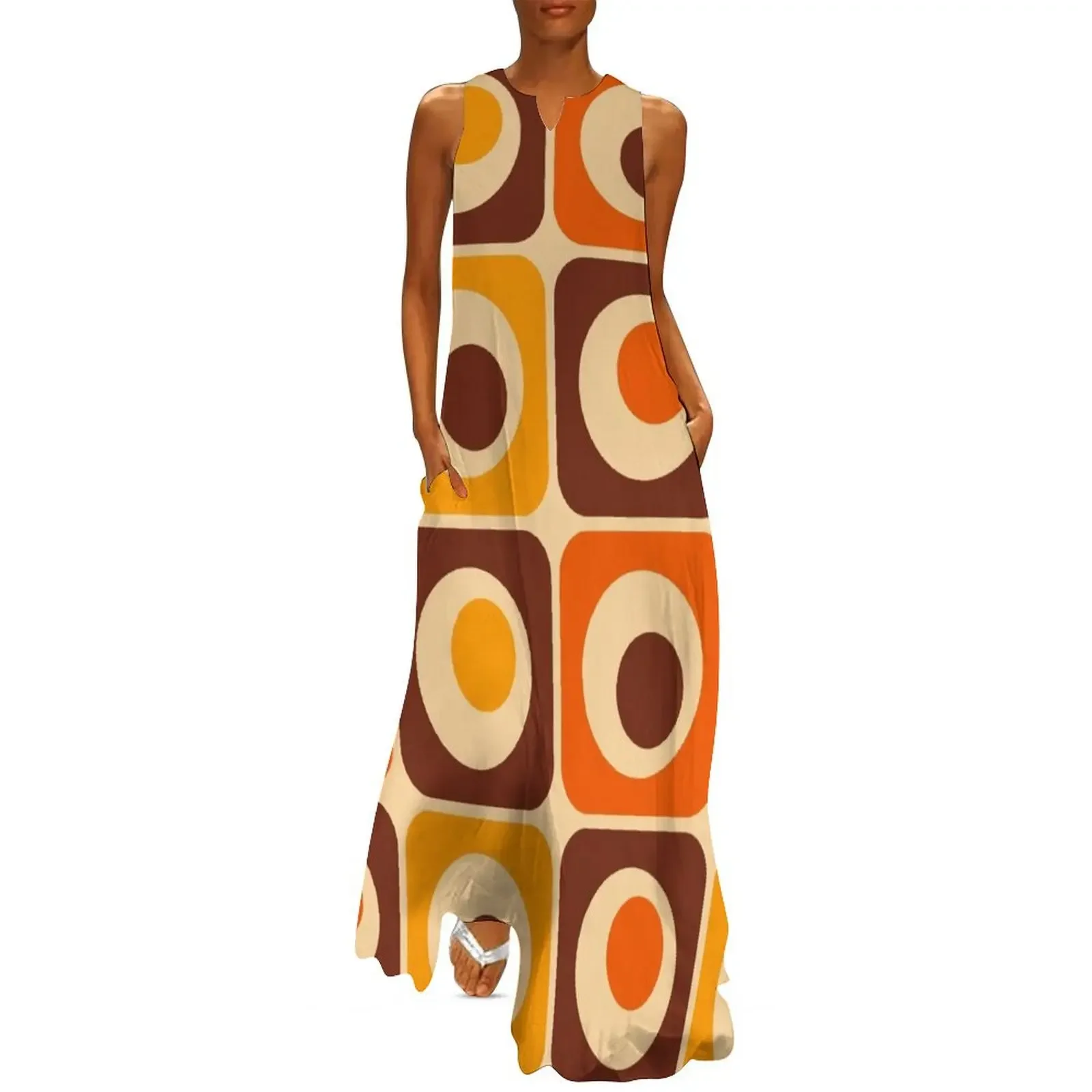 

70s Retro Vintage Style Geometric Pattern Orange Brown and Yellow Long Dress wedding dresses for parties Dress