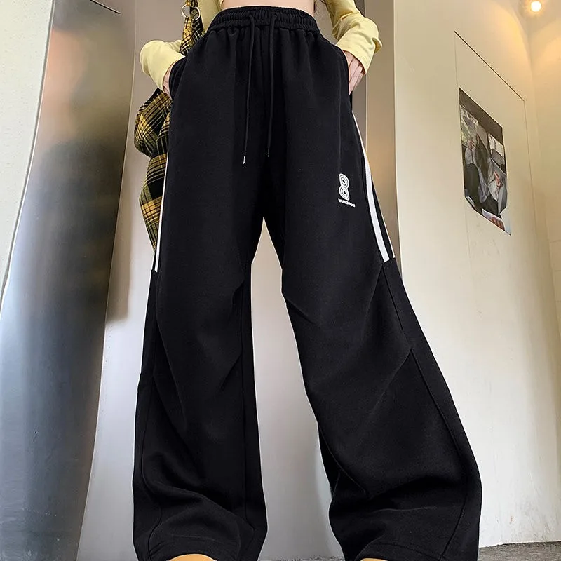 Black Casual Pants Women American Retro Three Bar Sweatpants Fall Winter New Sports Loose Thin Letters Embroidery Straight Pants