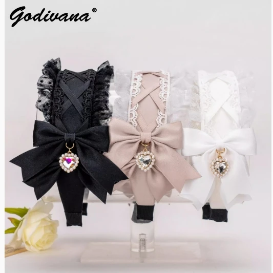 Japanese Lolita Headwear Lace Cross Bow Heart Shape Rhinestone Pendant Headband Hair Accessories for Girls and Women Hairband