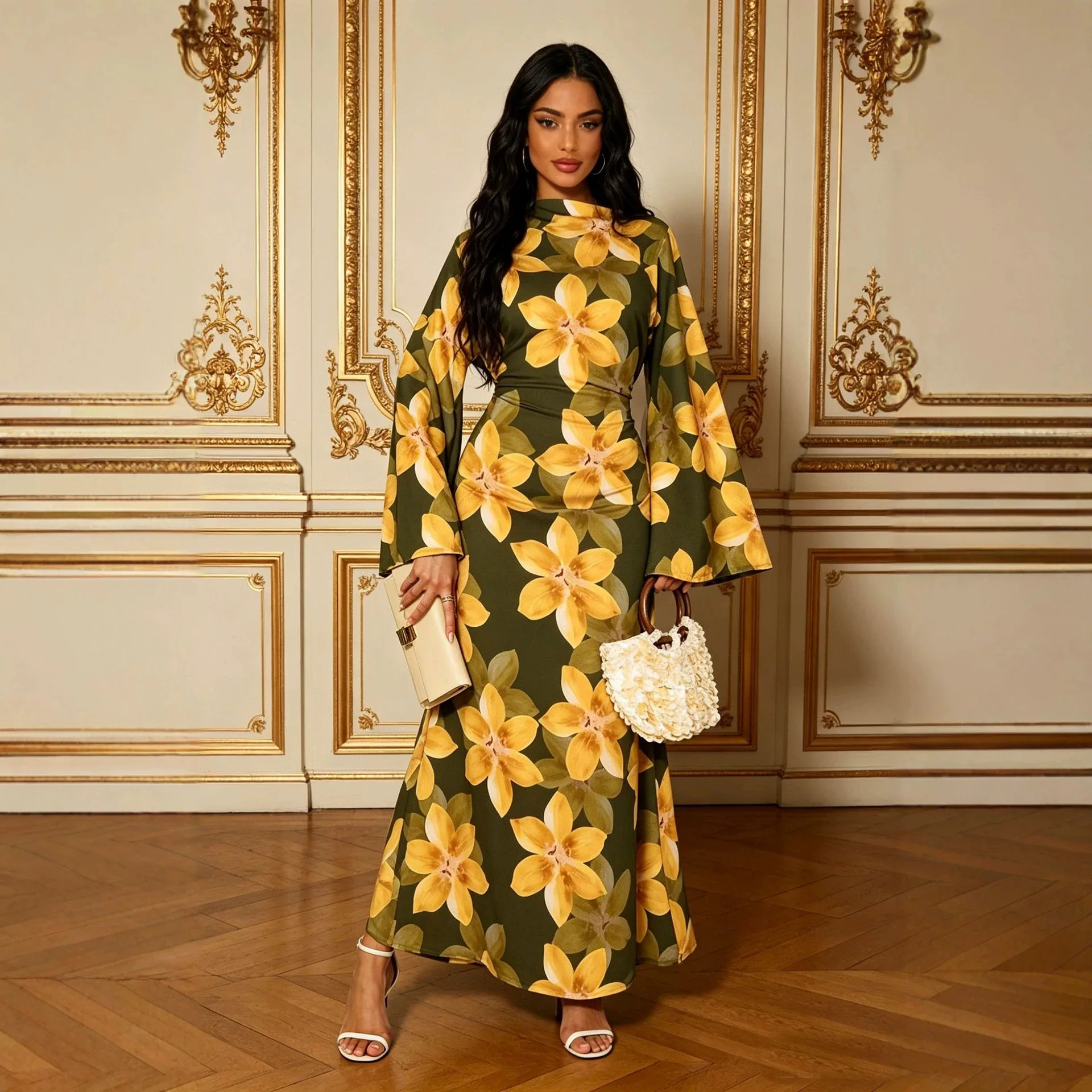 Dress Abaya Women Eid Muslim Flower Print Dresses Dubai Abayas Islam Vestidos Arab Long Robe Jalabiya Ramadan Morocco Kaftan
