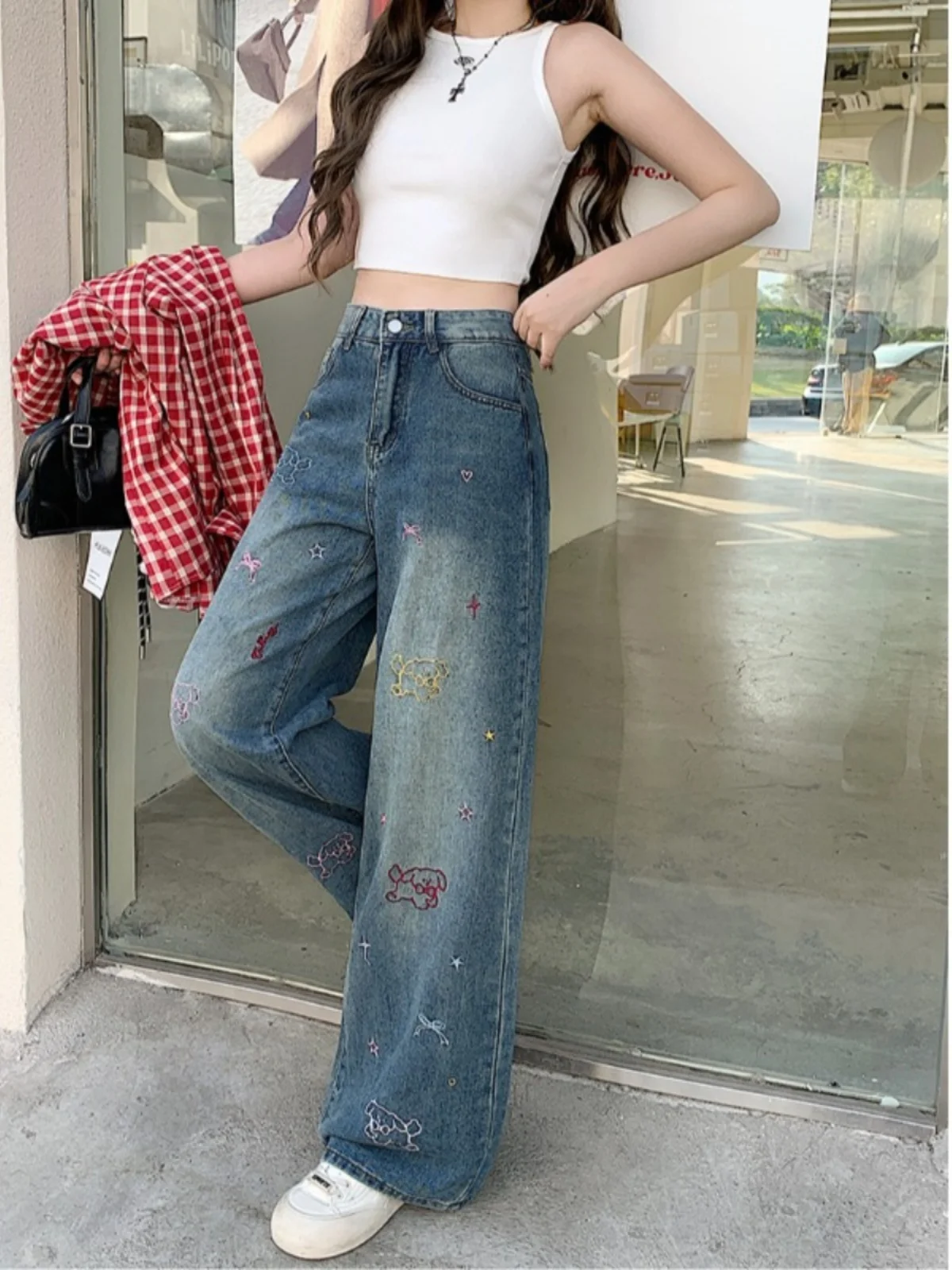 Slimming Embroidered Denim Jeans Women's High Waist Wide Leg Straight Cut Fashionable Streetwear plus Size Autumn New Arrival