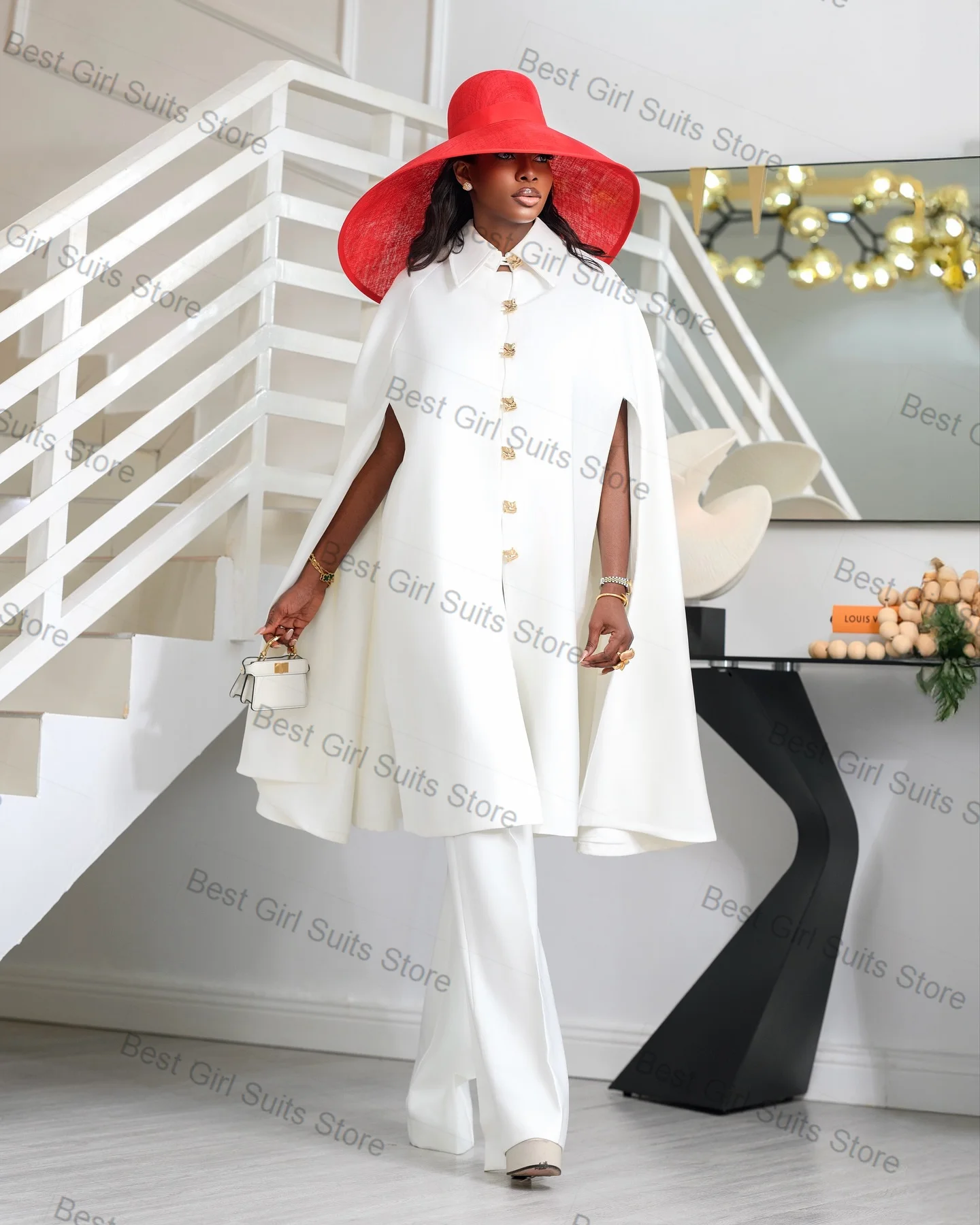 

White Cape Wrap Women Suit Set 2 Pcs Long Blazer+Pants Trousers Formal Office Jacket Customized Cotton Wedding Prom Coat